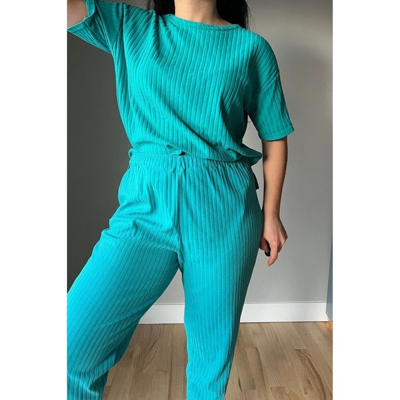 Vintage green leisure suit pant set knit retro casual comfy pajama vacation XS - Picture 5 of 8